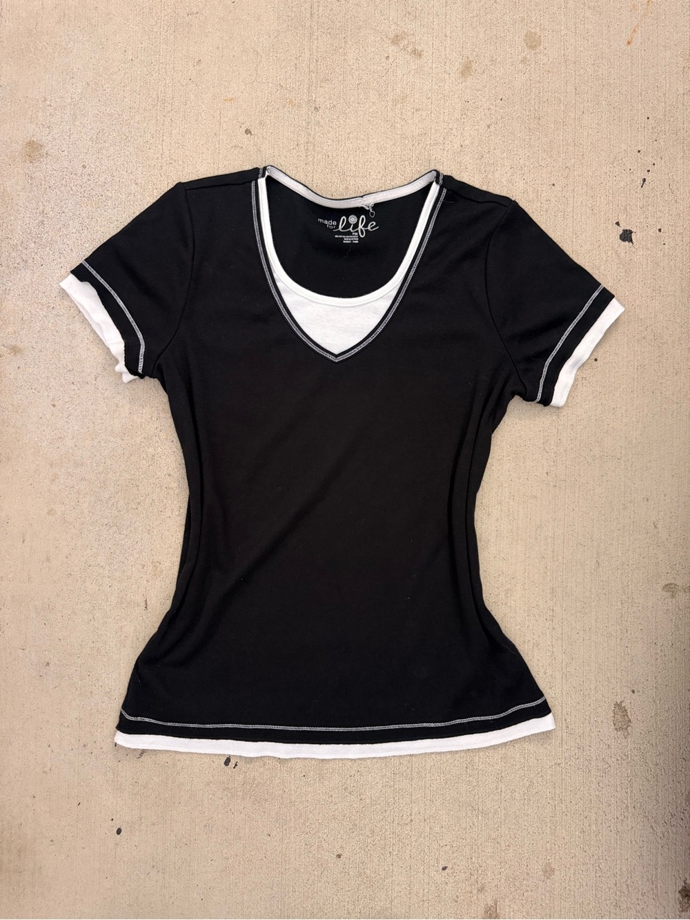 made for life Black Short Sleeve Tee with White Layered Trim